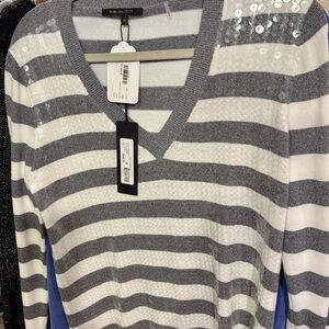 Kobi Halperin Gray and White Striped V-Neck Sweater with Shoulder Sequins